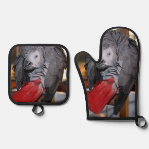 Flexible Congo African Grey Parrot with Red Tail Oven Mitt & Pot Holder Set