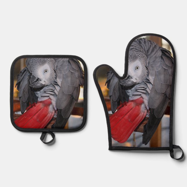 Flexible Congo African Grey Parrot with Red Tail Oven Mitt & Pot Holder Set (Front)