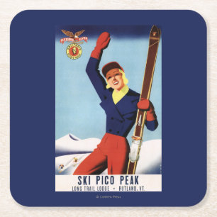 Flexible Flyer Pin-Up Skiing Girl Square Paper Coaster