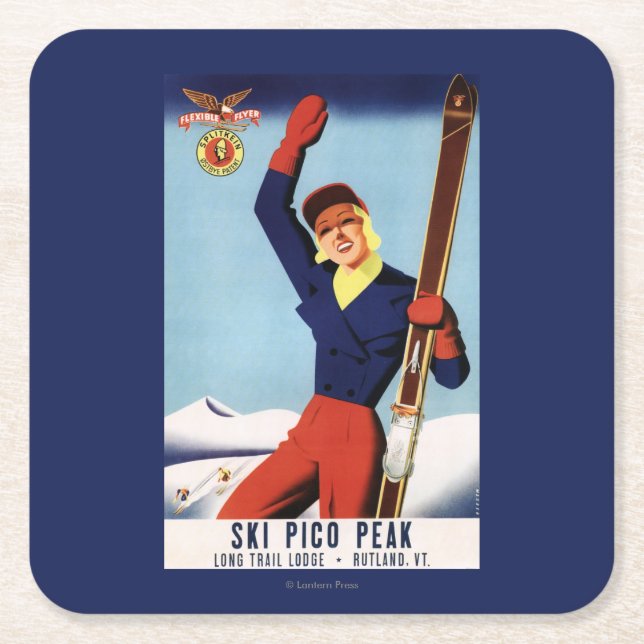 Flexible Flyer Pin-Up Skiing Girl Square Paper Coaster (Front)
