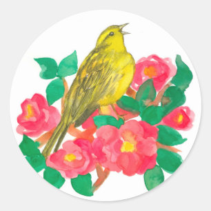 Flicker Bird Pink Camellia Flowers  Classic Round Sticker