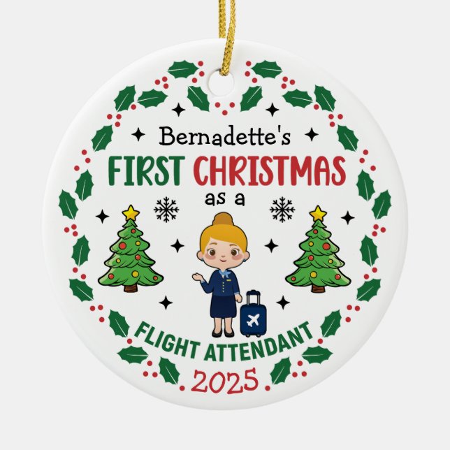 Flight Attendant First Christmas Personalised Ceramic Ornament (Front)