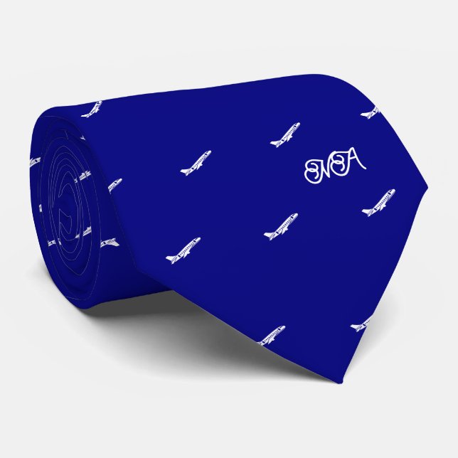 Flightline Fashion Azure AirplanesPattern Monogram Tie (Rolled)