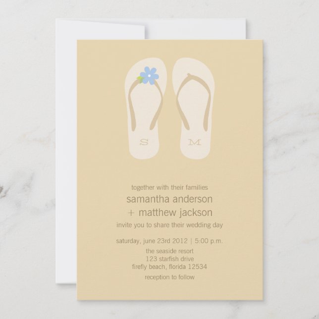 Flip Flop Beach Wedding Invitations -Blue Flower (Front)