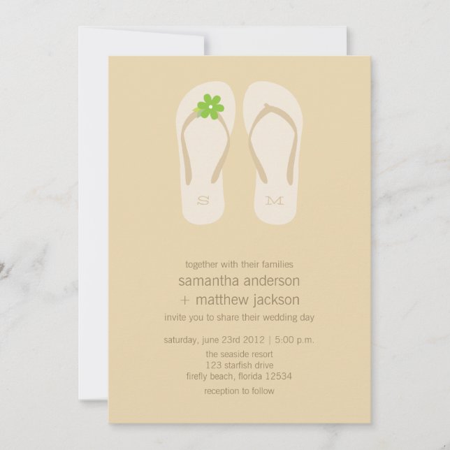 Flip Flop Beach Wedding Invitations -Green Flower (Front)