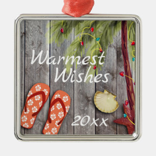 Flip Flops and Christmas Palm Tree with Year Beach Metal Ornament