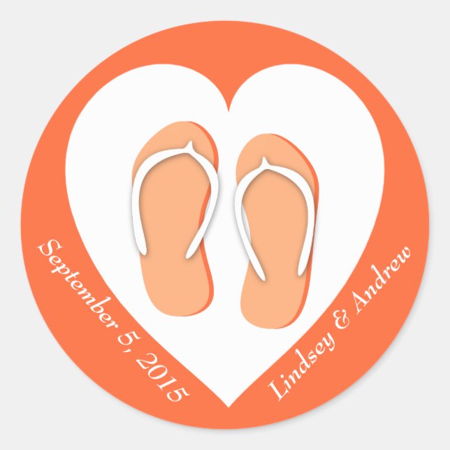 Flip Flops and Heart Orange Classic Round Sticker (Front)