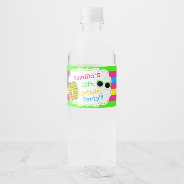 Flip Flops and Sunglasses Beach Party Fun Water Bottle Label (Front)
