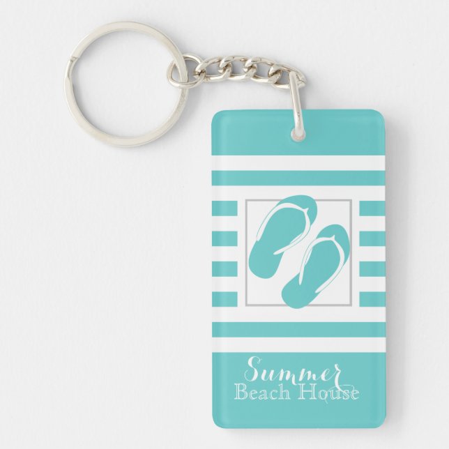 Flip Flops Aqua Stripe Beach House Key Ring (Front)