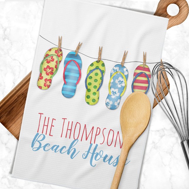 Flip Flops Colourful Personalised Beach House Tea Towel (Custom Beach house flip-flops towel.)