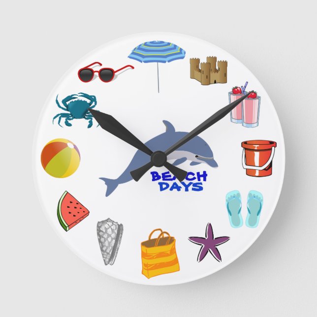 Flip Flops Dolphin Crab Ocean Summer Beach Days Round Clock (Front)