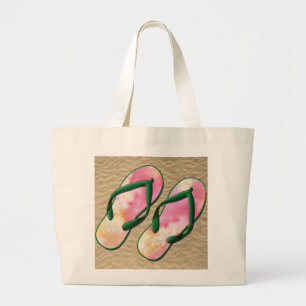 Flip Flops in pink and green Large Tote Bag