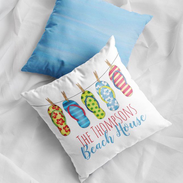 Flip Flops Personalised Whimsical Beach House Cushion (Flip flops colorful throw pillow)