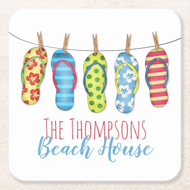 Flip Flops Personalised Whimsical Beach House Square Paper Coaster (Front)