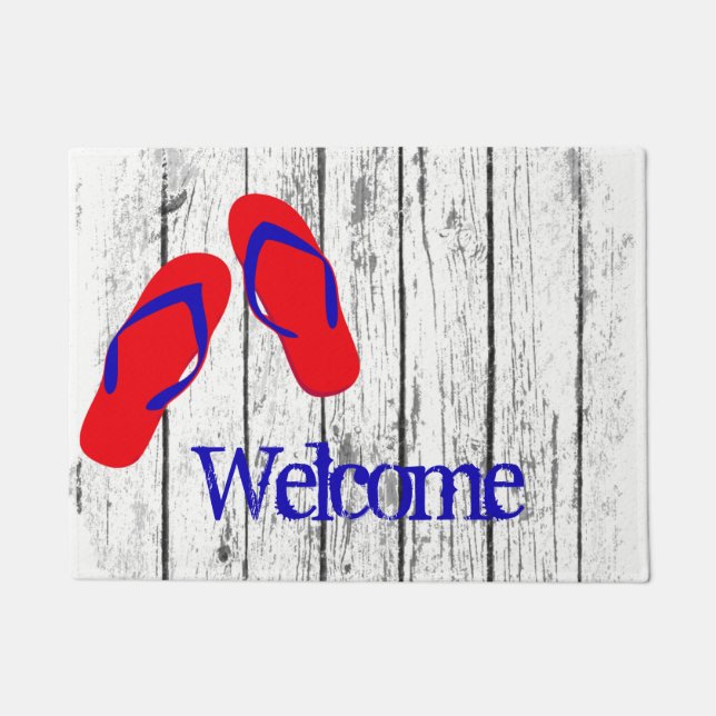 Flip Flops Weathered Wood Your Text Doormat (Front)
