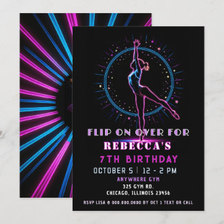 Flip On Over Fun Neon Glow Gymnastic Birthday Invitation