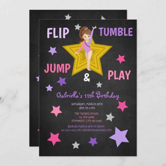 Flip, Tumble, Jump, & Play Gymnastics Birthday Invitation (Front/Back)