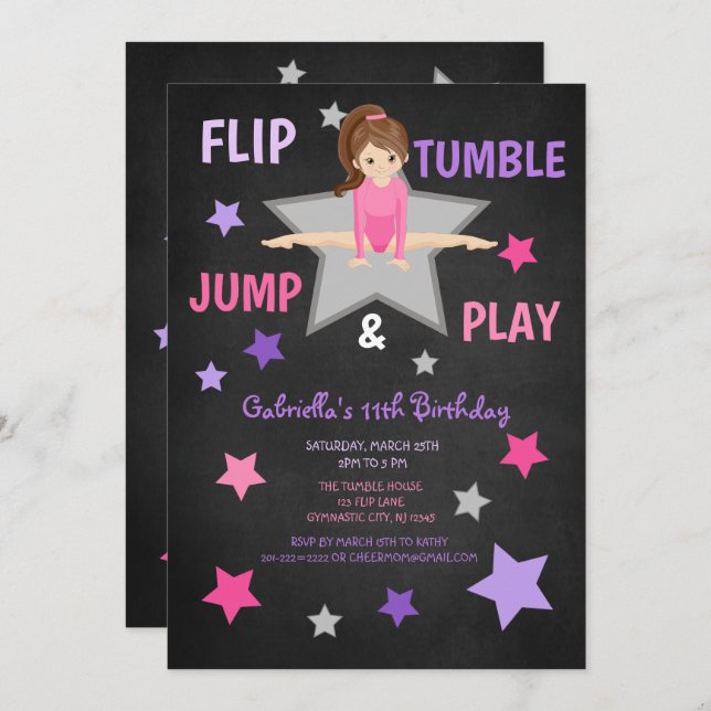 Flip, Tumble, Jump, & Play Gymnastics Birthday Invitation (Front/Back)