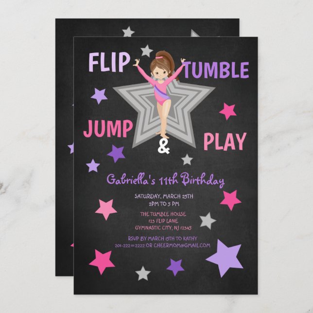 Flip, Tumble, Jump, & Play Gymnastics Birthday Invitation (Front/Back)