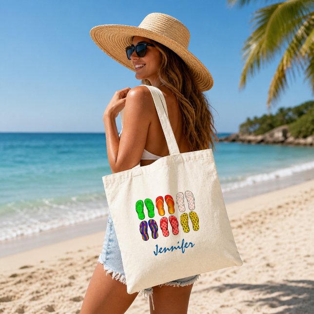 Flipflops image summer vacation beach name tote bag (Flipflops image summer vacation beach name tote bag. You can add your own name to personalize.)