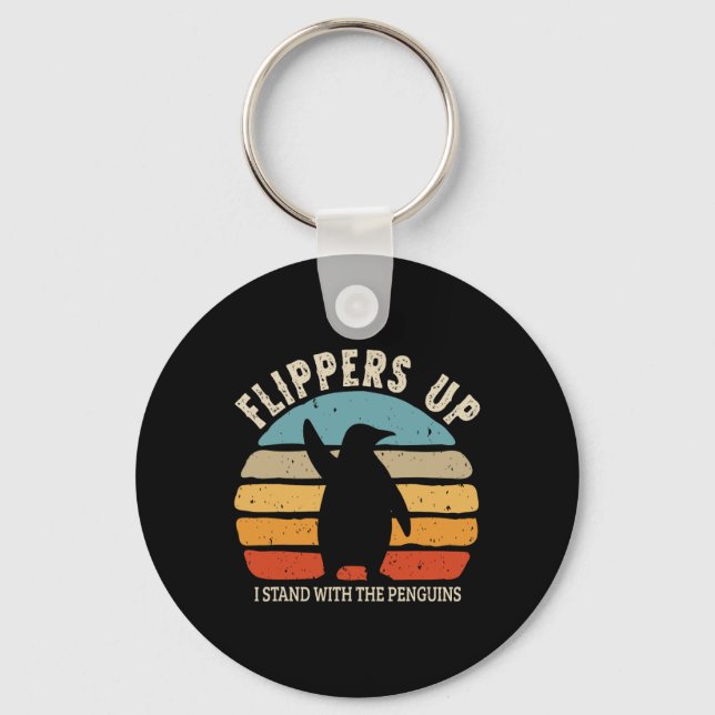 Flippers Up I Stand With The Penguins Retro Sunset Key Ring (Front)