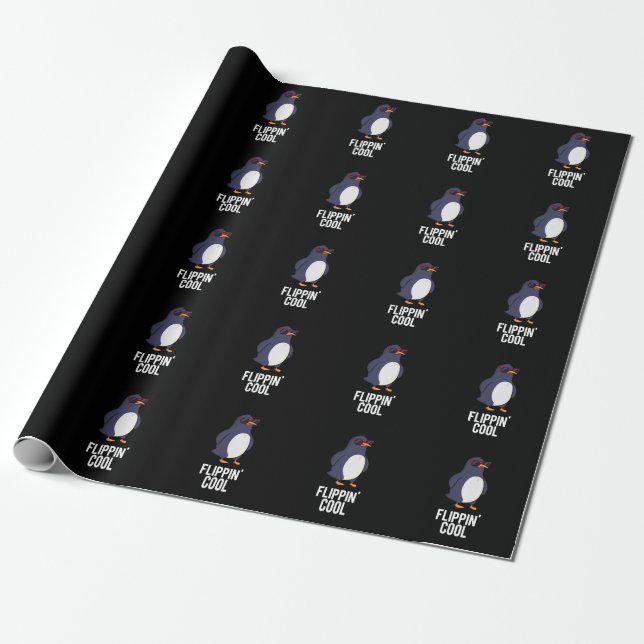 Flippin Cool Funny Penguin Pun Dark BG Wrapping Paper (Unrolled)