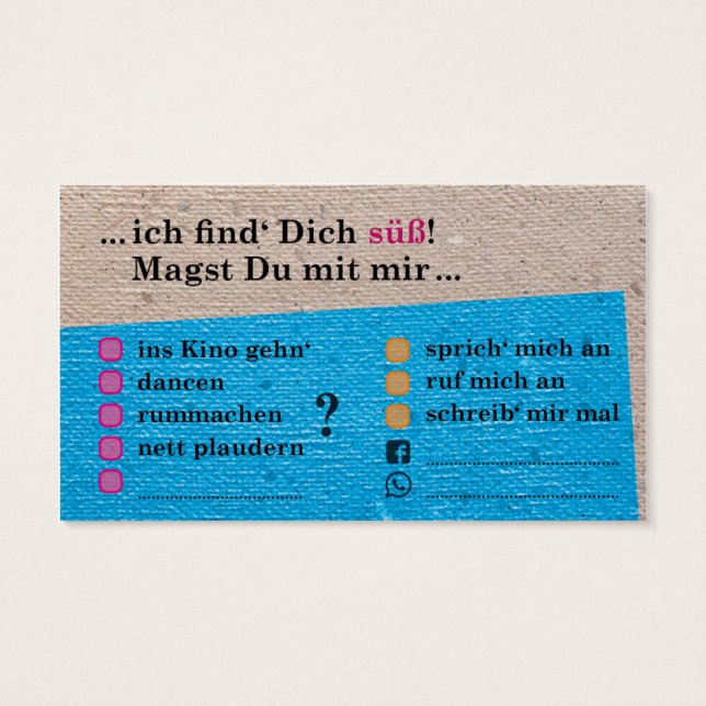 Flirt card "You're cute" with contact fields (Back)