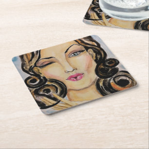 Flirting - Watercolor Painting Square Paper Coaster