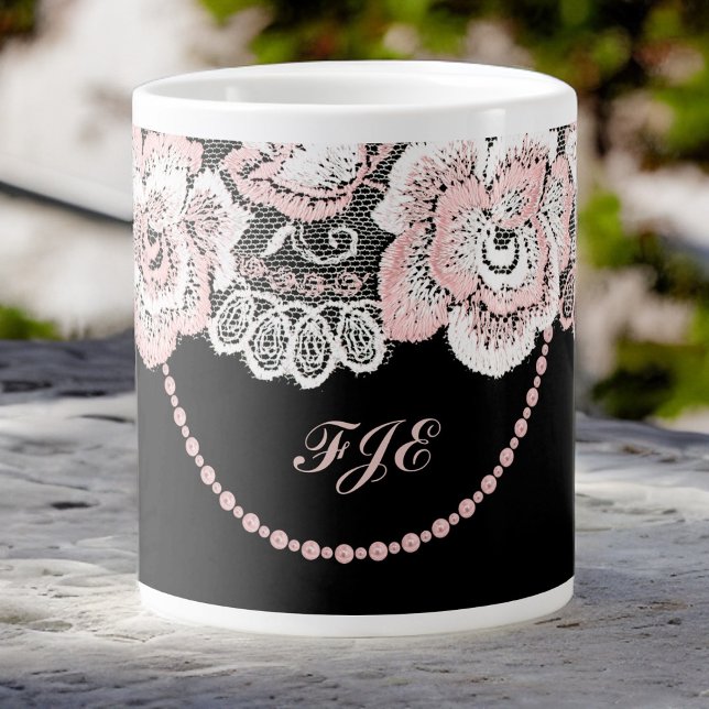 Flirty and Delicate Pink Rose Faux Lace and Pearls Large Coffee Mug (Creator Uploaded)