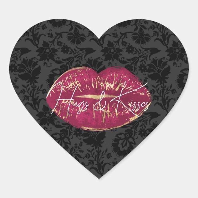 Flirty Red Lips Kiss Black Floral Heart Sticker (Front)