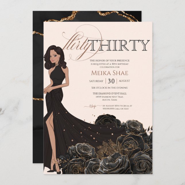 Flirty Thirty Glam Black & Rose Gold 30th Birthday Invitation (Front/Back)