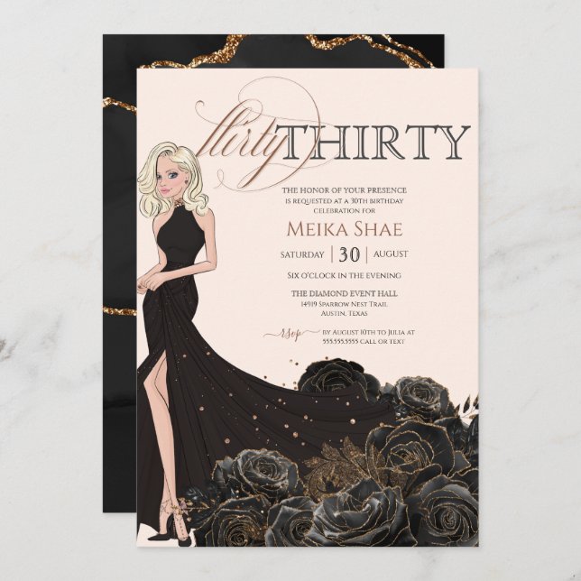 Flirty Thirty Glam Black & Rose Gold 30th Birthday Invitation (Front/Back)