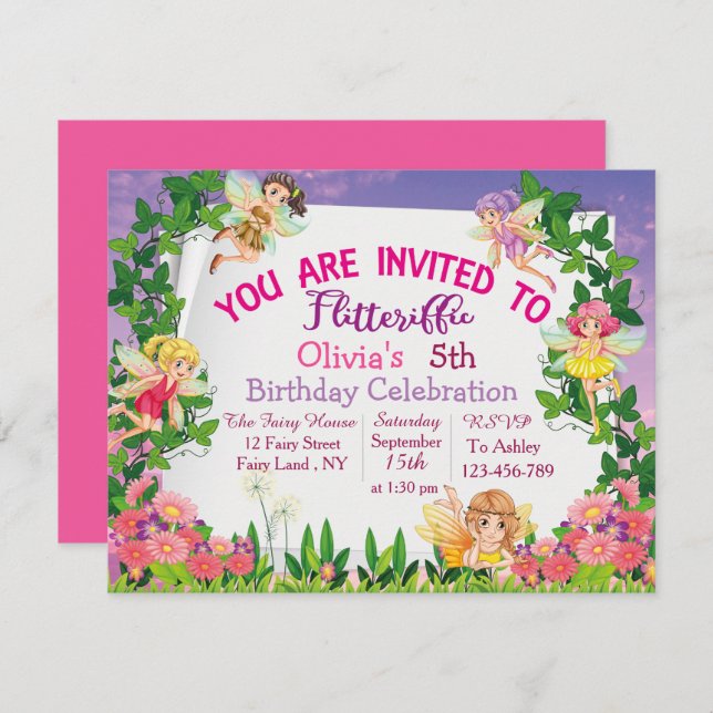 Flitteriffic Pink Magical Fairy Land Birthday Invitation (Front/Back)