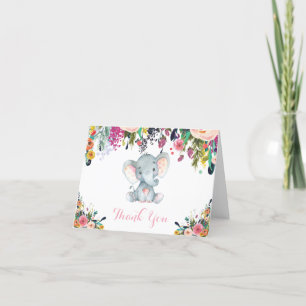 Floarl Cute Elephant Baby Girl Pink and Gray Thank You Card