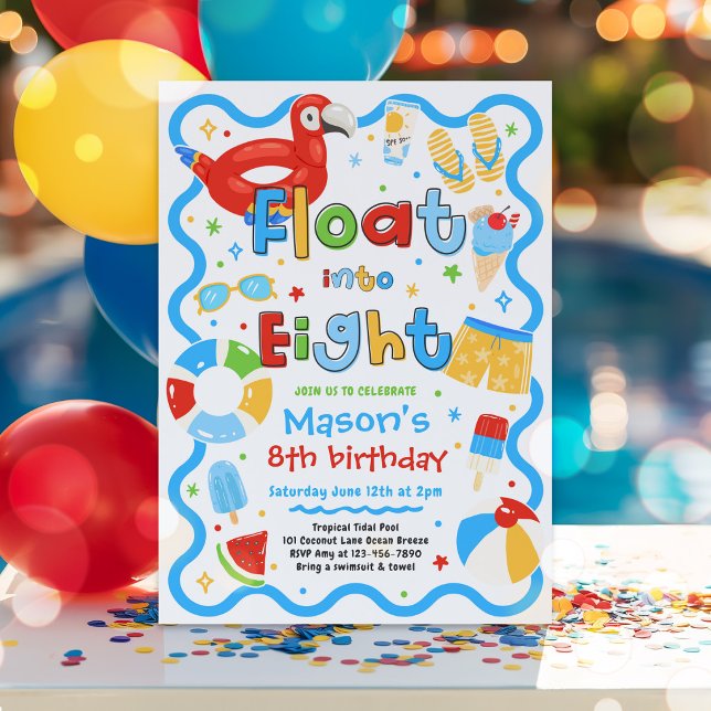 Float Into Eight Summer Pool Party 8th Birthday Invitation (Creator Uploaded)