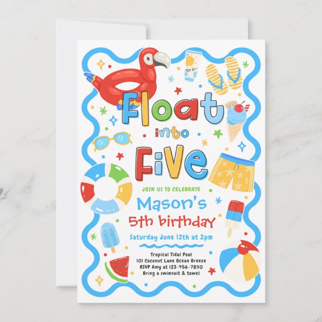 Float Into Five Summer Pool Party 5th Birthday Invitation (Front)