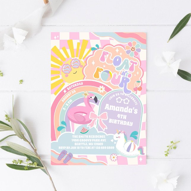 Float Into Four Pool Party Rainbow 4th Birthday Invitation (Creator Uploaded)