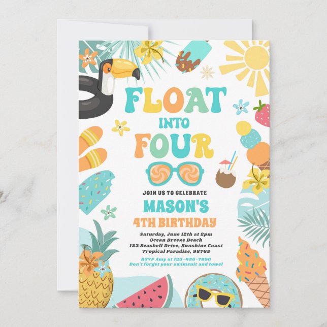 Float Into Four Tropical Beach 4th Birthday Party Invitation (Front)