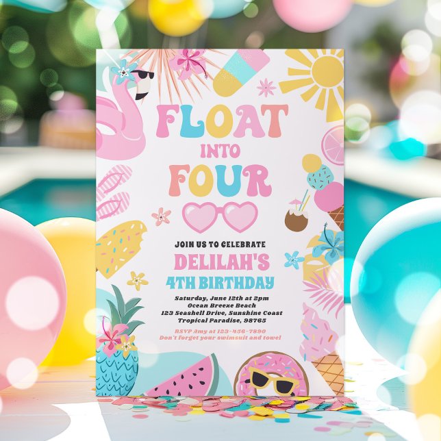 Float Into Four Tropical Beach 4th Birthday Party Invitation (Creator Uploaded)