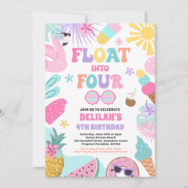 Float Into Four Tropical Beach 4th Birthday Party Invitation (Front)