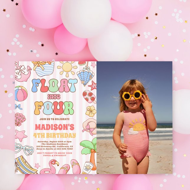 Float Into Four Tropical Beach 4th Birthday Photo Invitation (Creator Uploaded)