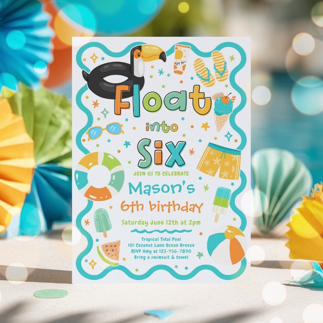 Float Into Six Summer Pool Party 6th Birthday Invitation (Creator Uploaded)