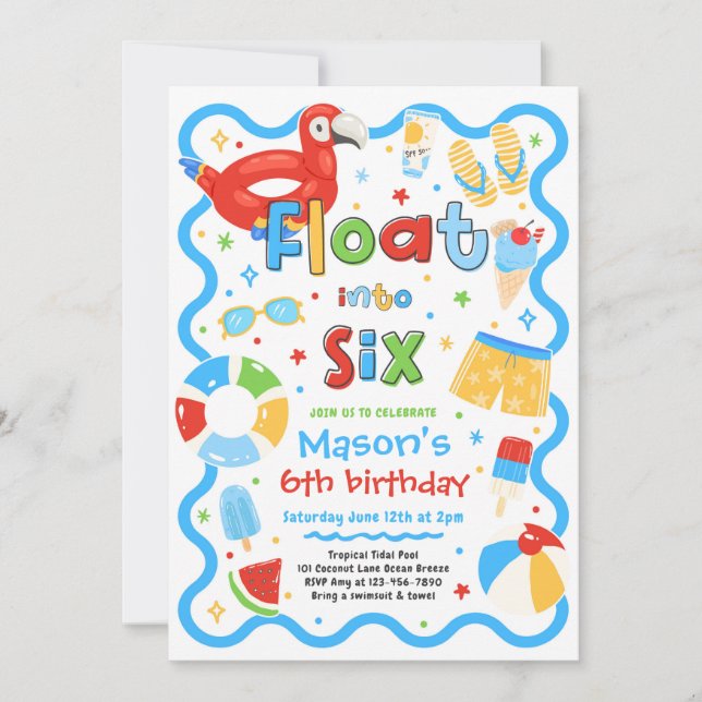 Float Into Six Summer Pool Party 6th Birthday Invitation (Front)