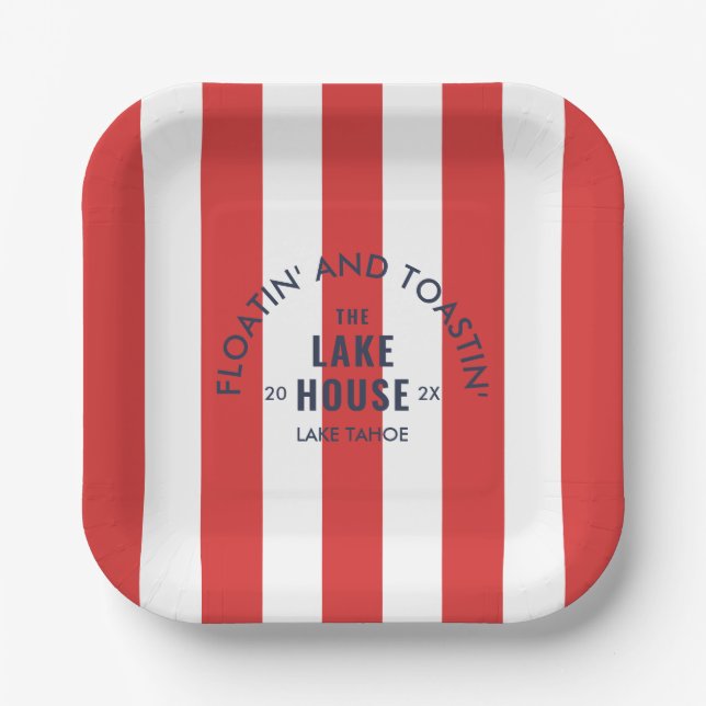 Floatin' And Toastin' The Lake Club Red Stripe Paper Plate (Front)