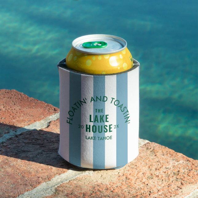 Floatin' And Toastin' The Lake House Blue Stripe Can Cooler (In Situ Pool)