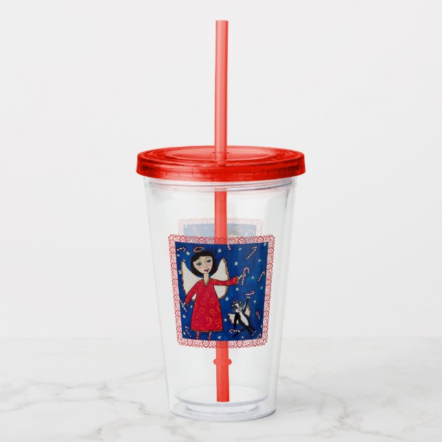 Floating Angel Cat Red Dress Candy Canes in Sky Acrylic Tumbler (Front)