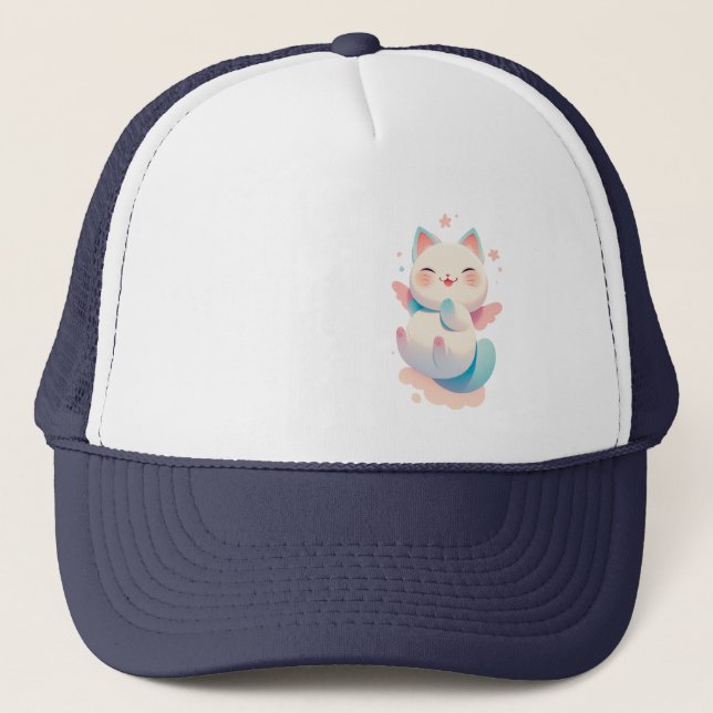 Floating Angel Cat - Whimsical Pastel Fantasy Art Trucker Hat (Front)