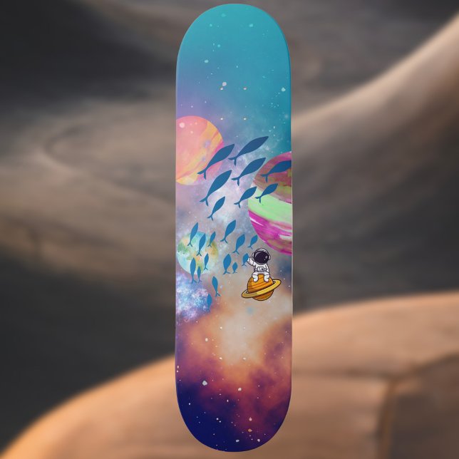 Floating astronaut catching flying fish in space skateboard (Creator Uploaded)