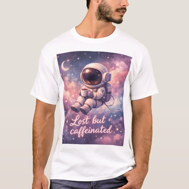 Floating Astronaut Coffee Lover Funny Space T-Shirt (Front)