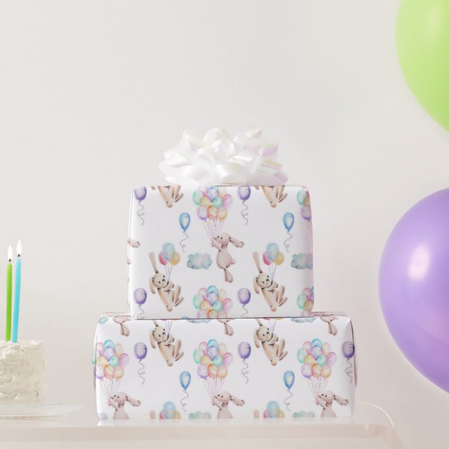 Floating Balloons Bunny Rabbit in Pastels Wrapping Paper (Party Gifts)
